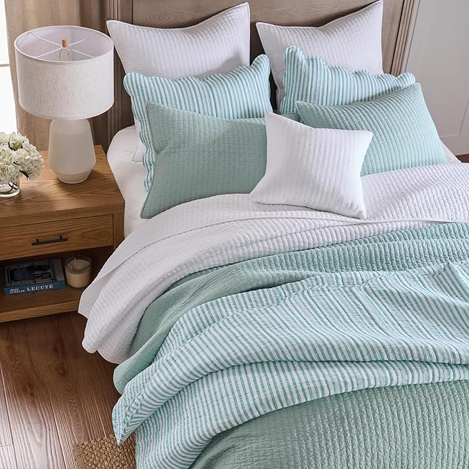 Levtex Home Cross Stitch Reversible King/Cal King Quilt Set (106x92in) with 2 Pillow Shams (36x20in) - Stitch Texture - Blue Haze - Cotton King Size Quilt Bedding Set - Lightweight, Soft, Pre-Washed