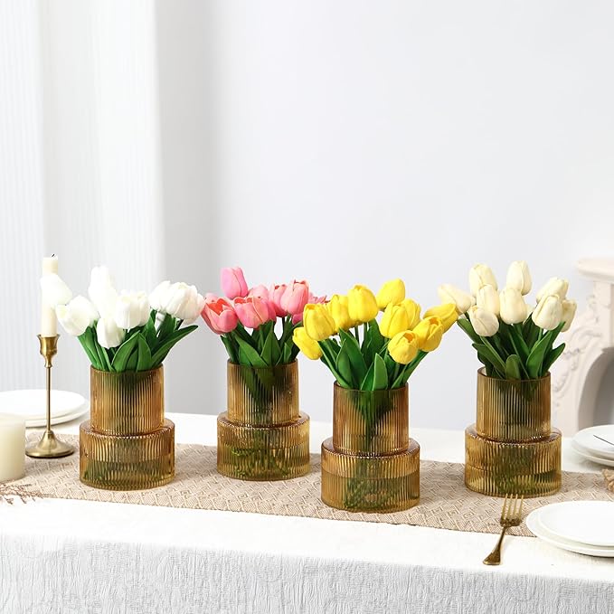 Ribbed Glass Vases, Set of 4 Small Vases for Flowers, Amber Glass Vase for Tulips, Modern Vase for Living Room, Kitchen, Office, Entryway, Bookshelf, Wedding Gifts, Birthday, 6 Inches