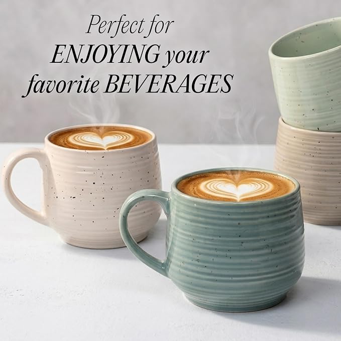 Sango Siterra Artist's Blend 17 oz. Stoneware Mug Set- Service for 4, Rustic Design, Green/White/Beige, Scratch-Resistant, Microwave & Dishwasher Safe, for Everyday Dining & Entertainment