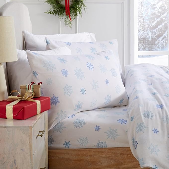 Market & Place 100% Turkish Cotton Flannel Sheet Set | 3 Piece Deep Pocket Novelty Cozy Winter Bed Sheets | Double Brushed for Extra Softness & Comfort | Alpine Collection (Twin, Blue Snowflake)