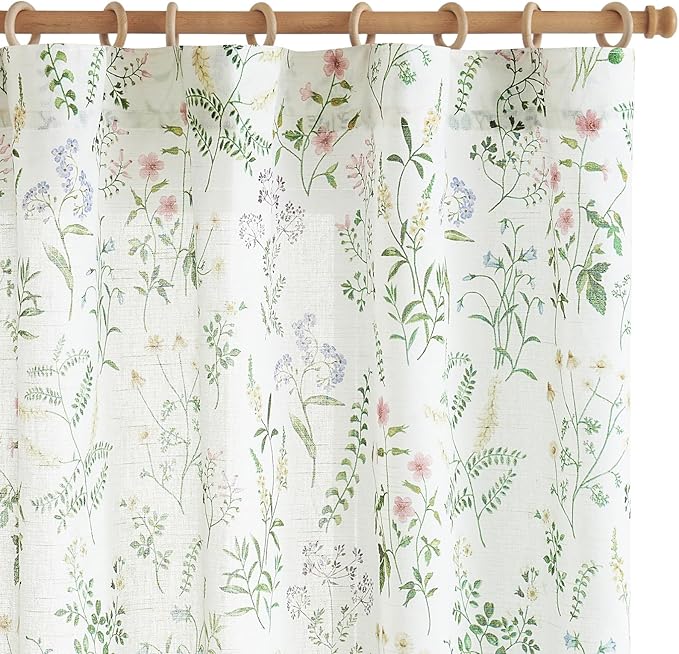 jinchan Floral Linen Blend Curtains for Living Room 96 Inch Length French Country Farmhouse Printed Curtains Sage Green on White Rod Pocket Back Tab Light Filtering Window Drapes 2 Panels