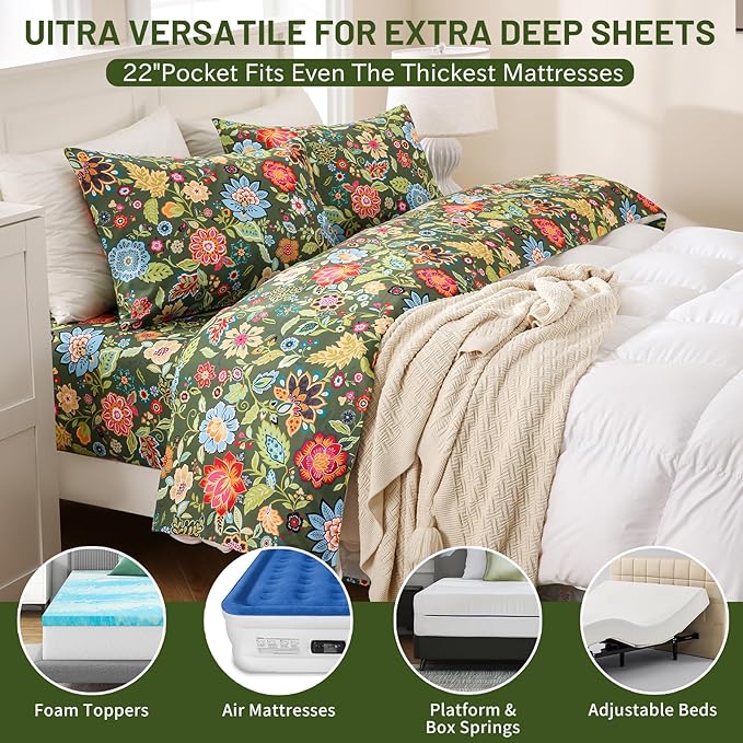 Bedlifes King Size Extra Deep Pocket Sheet Sets - Fits Mattresses Up to 18-24" Thick, 4-Piece Microfiber Set with 1800 Thread Count, Soft, Smooth, Breathable, Featuring Floral Dark Green