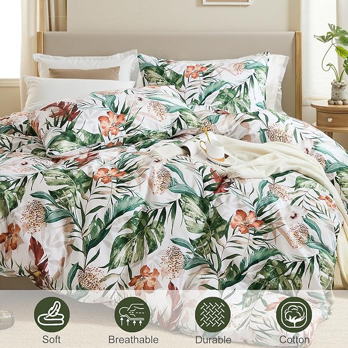 Bedding_Dreamer 100% Cotton Comforter Set Floral Queen Bedding Green Palm Leaf Comforter Set Botanical Home Decor 3 Pcs with 2 Pillowcases Reversible for All Season