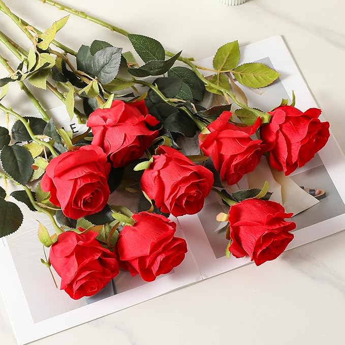Kisflower 8 Pcs Red Roses Artificial Flowers with Stems Silk Roses Fake Rose Realistic Flower Bouquet for Wedding Party Office Home Decor (Red)
