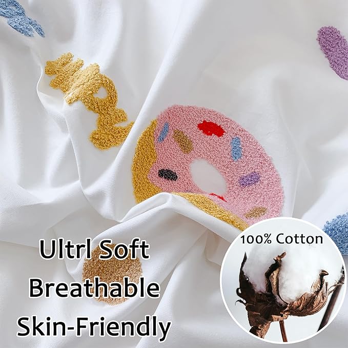 MorroMorn Cotton Duvet Cover Queen Size, 3D Embroidery Queen Bedding Sets All Seasons, Cute Chenille Embroidered Comforter Covers Soft Sweat-Absorbent for Girls Kids Teen (Donut White, Full/Queen)