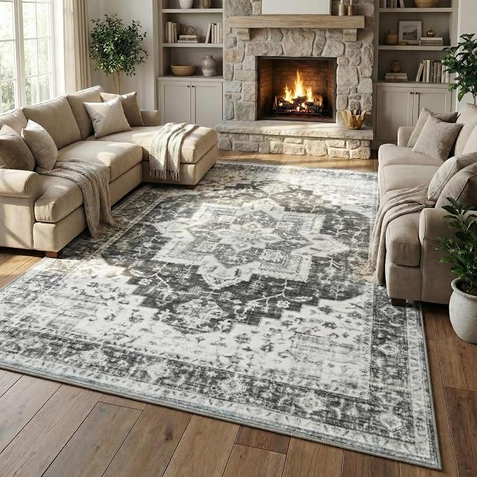 GAOMON 9x12 Vintage Large Area Rug Boho Distressed Rugs Machine Washable Foldable Accent Indoor Carpet Floor Cover Low Pile Print Carpet for Bedroom Living Room Classroom, 9’x12’, Grey