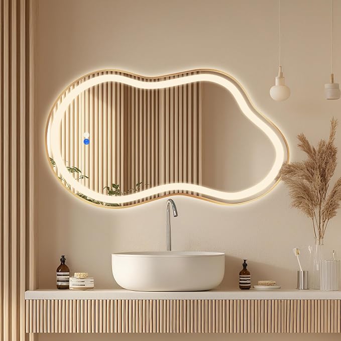 Irregular Led Backlit Bathroom Mirror -24"x36" Single Piece, Asymmetrical Cloud Lighted Vanity Mirror with Lights for Wall, Anit-Fog, Dimmable, Memory (Vertical/Horizontal)