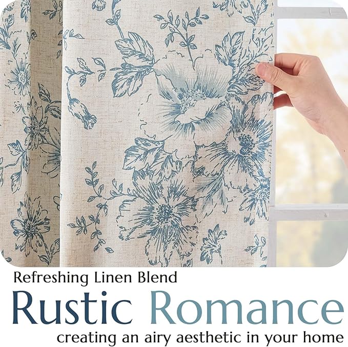 jinchan Blackout Linen Blend Curtain Floral Blackout Curtains for Living Room 84 Inch Length Blue Printed with Lined Blackout Curtain for Bedroom Farmhouse Curtains Set 2 Panels