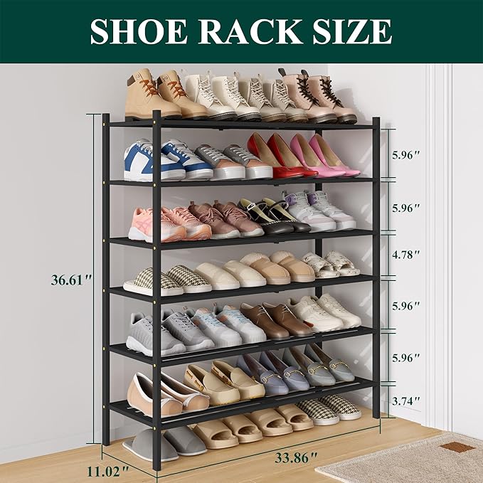 Smiry Long Bamboo Shoe Rack 6-Tier, Stackable Wooden Shoe Organizer for Entryway & Closet, Free Standing Wood Shoe Storage Shelf for Front Door & Small Spaces, Black