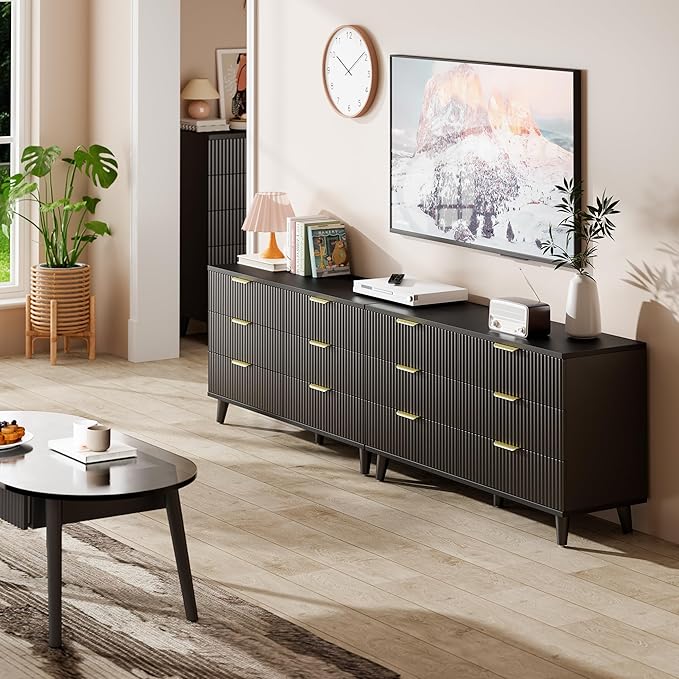 Lulive Black Dresser for Bedroom Wood Dressers Chest of Drawers, Fluted 54" Wide Modern Long Dresser TV Stand 6 Drawers for Bedroom, Closet, Hallway (Black)