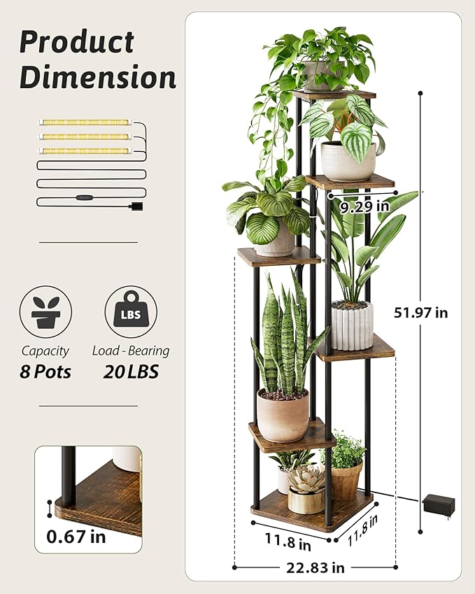 GENTINGBRO Corner Plant Stand Indoor 6 tiered plant shelf for Multiple Plants tall plant holder plant table metal shelving for Living Room Bedroom Balcony Patio Brown Oak with Light
