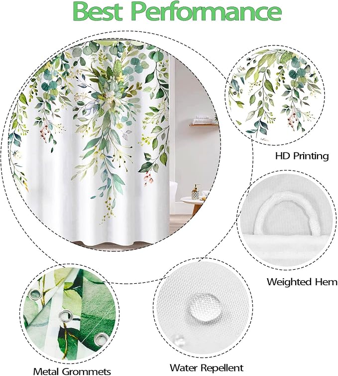 Green Eucalyptus Shower Curtain Watercolor Floral Plant Leaf Shower Curtains for Bathroom Sage Botanical Flower Waterproof Fabric Bath Curtain Decor with Hooks (Green, 72'' x 72'')
