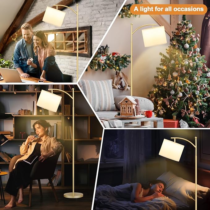 Ambimall 60" Floor Lamp for Living Room with 3 Color Temperatures, Adjustable White Shade with Gold Pole, Tall Lamp for Bedroom Office Classroom Dorm Room, 9W LED Bulb Included
