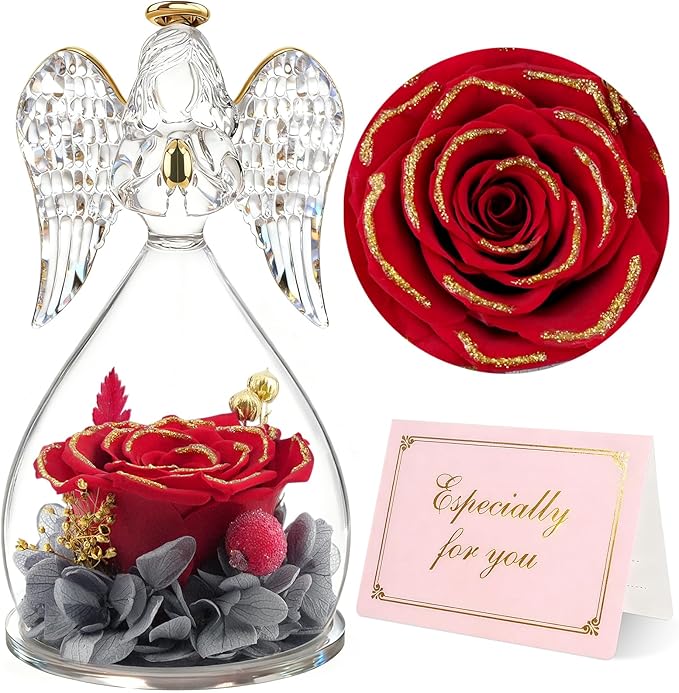 Yamonic Mom Birthday Gifts for Moms, Angel Figurines with Real Rose Gifts for Her Mother Grandma, Preserved Flowers Rose Angel Figurines for Mothers Day Christmas Birthday Gifts for Women(Redgold)