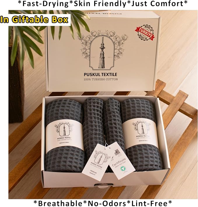 PÜSKÜL 4-Piece Natural 100% Turkish Cotton Luxury Waffle Towels for Bathroom | Premium Honeycomb Weave 2 Hand Towel & 2 Bath Towel Set | Soft Absorbent Quick-Dry Lightweight Towels (anthracithe)
