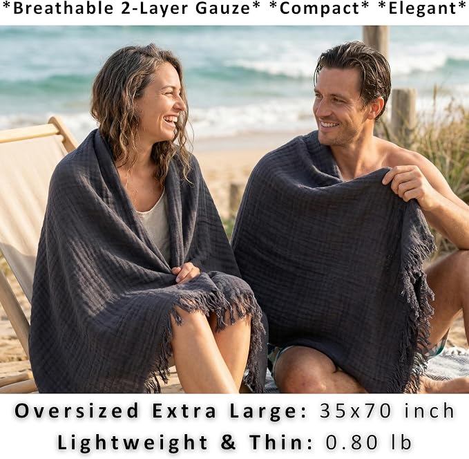 PÜSKÜL - Premium 2-Piece Oversized Muslin Bath Towel for Adult 35x70 Extra Large Bath Sheets | Natural 100% Turkish Cotton Soft Absorbent Quick-Dry Light Spa & Beach Towels(Pack of 2, Anthracite)