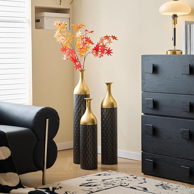 Metal Floor Vases Decorative, Set of 3 Flower Arrangement Stand, Tall Gold＆Black Metal Floor Vases for Living Room, Bedroom & Entryway, 34.25", 30.31", 24.8" H (Gold＆Black)