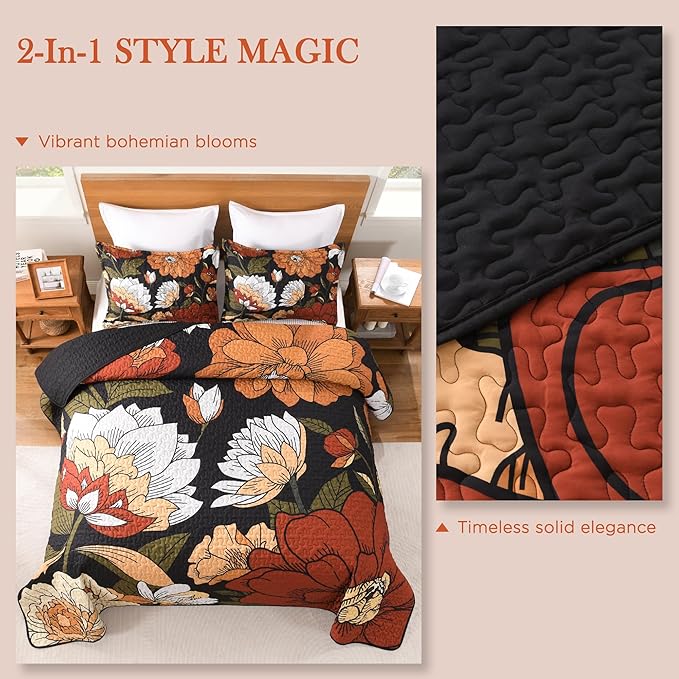 Andency Floral Boho Queen Quilt Bedding Set Black, 3 Pieces Farmhouse Flower Botanical Summer Bedspreads with 2 Shams, Soft Reversible Lightweight Microfiber Coverlet Set for All Season, 90"x96"