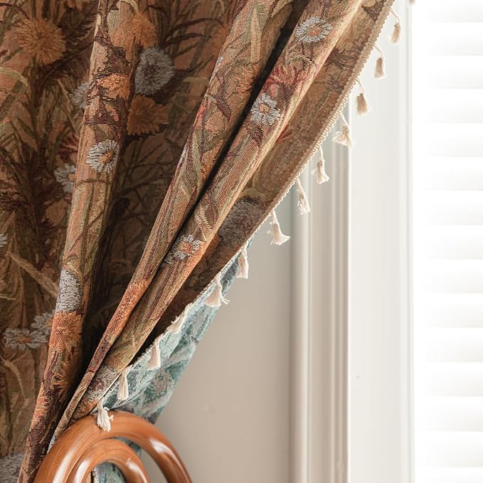 ENJOYBRIDAL Dandelion Curtains 96 Inch Long Bedroom Boho Drapes Vintage Semi Sheer Jacquard Rod Pocket Window Curtain Panels Living Room 2 Panels Decorative Tassel Farmhouse Window Treatments