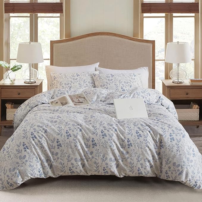 EAVD Chic Fresh Blue Floral Duvet Cover Twin White Soft 100% Cotton Garden Aesthetic Floral Bedding Set with 2 Pillowcases Cottagecore Botanical Duvet Cover with Zipper Closure