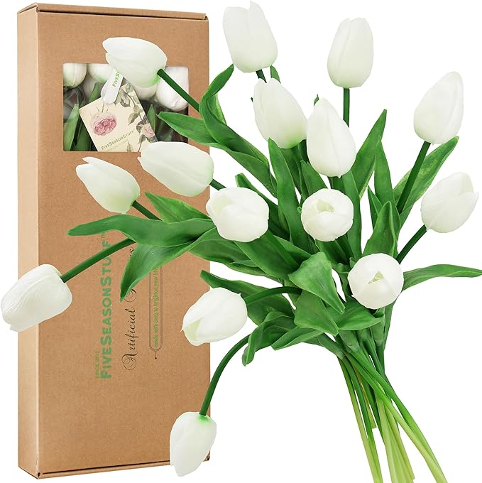 FiveSeasonStuff Real Touch Tulips Artificial Flowers – 15 Stems Faux Tulip Bouquet in Gift Box for Wedding, Home Decor, Party, Floral Arrangements (Cheerful White)