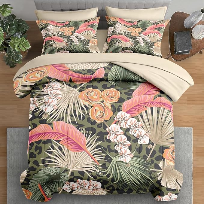 Comforter Set Full Size, Summer Tropical Flowers 7 Pcs Bedding for Kids and Adults, Hawaiian Palm Leaf Leaves Bed Sheet Sets with Fitted Sheet 2 Pillowcase & 2 Sham for Bedroom Bed Decor