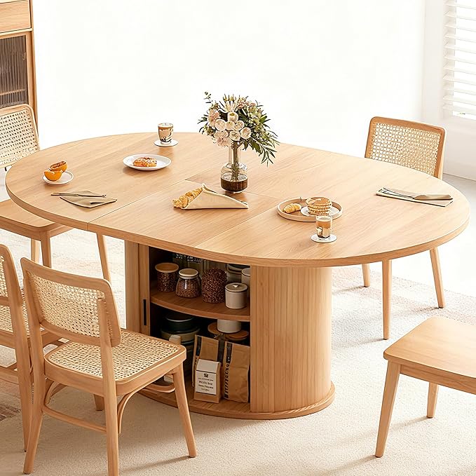 Wildhome Extendable Round Dining Table for 2-4-6, 63 Inch Dining Room Kitchen Table with 2-Tier Storage Shelf, Modern Farmhouse Fluted Wood Slide Door Dinner Furniture,Oval Circle (Oak-63 Inch)