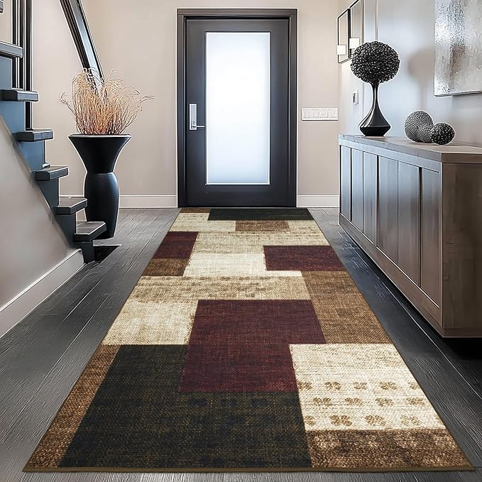 Modern Geometric Patchwork Indoor Runner Rug for Living Room, Red 2.7'x 10' Rug Rockwood Collection Hardwood Floors Decor for Bedroom, Burgundy Throw Carpet for Office Entryway Dining Room
