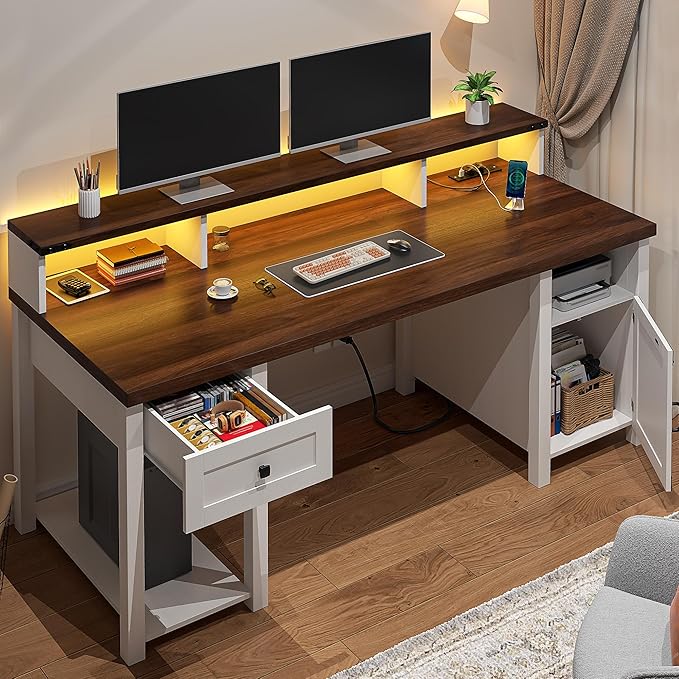 EnHomee Computer Desk with Drawers,23" D Home Office Desk with Storage,Wooden Desk with Monitor Stand,Farmhouse Desk with Printer Space and Power Outlets for Studio,Work, Study,Writing&Gaming,White
