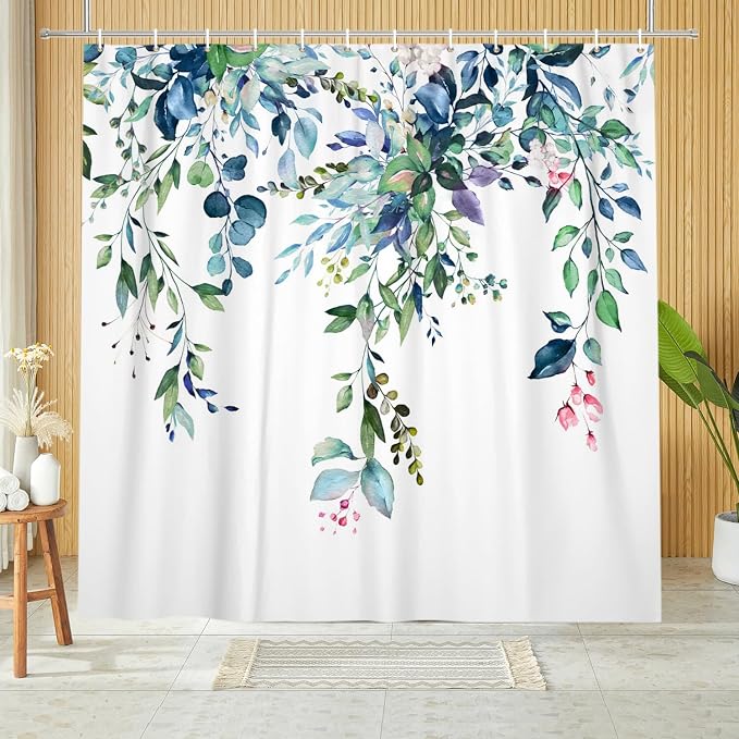 Eucalyptus Shower Curtain, Watercolor Green Leaves Plant Floral Spring Nature Waterproof Fabric Machine Washable with Hooks for Bathroom Bathtub Decor 60Wx72H