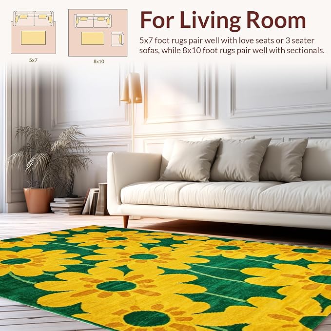 Flatwoven High Traffic Area Rug 5x7, Retro Floral Kitschy Bloom Design, Non Slip, Stain Resistant, Washable Area Rugs for Living Room, Bedroom (Yellow, 5x7)