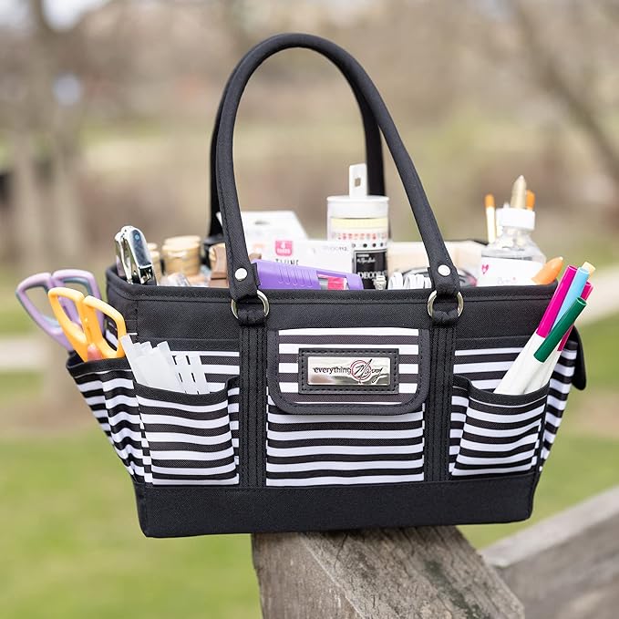 Everything Mary Deluxe Store & Tote Organizer – Black & White Stripe Craft Tote with Handle – Sewing, Scrapbooking & Art Supply Caddy for Creative Project Storage
