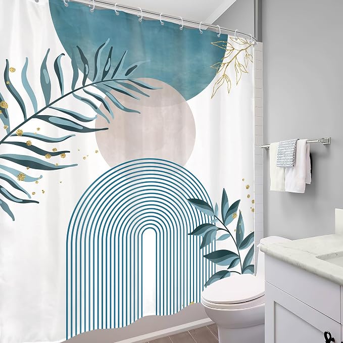Green Boho Shower Curtain 60Wx72H Modern Abstract Bohemian Leaves Mid Century Minimalist Plant Bathroom Decor Arch Neutral Bath Curtain Fabric Polyester 12 Pack Hooks