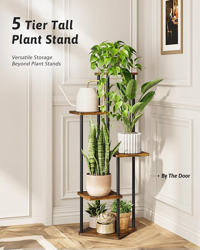 GENTINGBRO Tall Plant Stand Indoor 5 Tiered Plant Shelf for Multiple Plants Coner Shelf Stand Wood Plant Stand Metal Shelving for Living Room Bedroom Balcony Patio Brown Oak