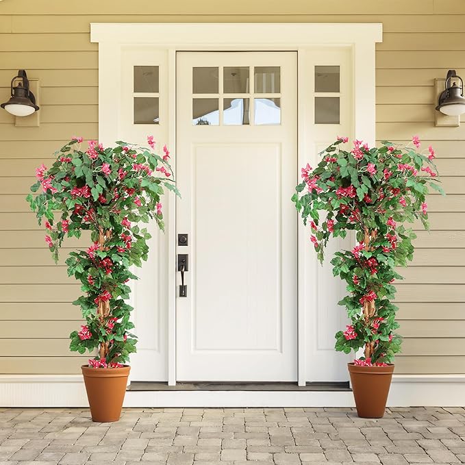 Damomo 5FT Bougainvillea Artificial Tree with Flowers, Fake Bougainvillea Tall Trees, Faux Blooming Tree in Plastic Pot for Indoor Front Porch Decor or Outdoor Home Office, 1 PCS(59 inch)