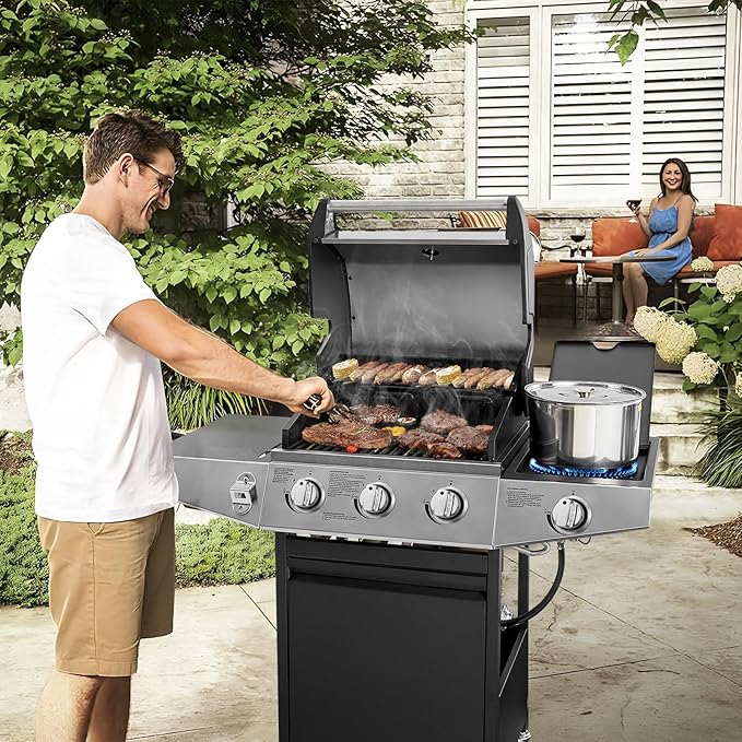 Lyromix 3 Burners Gas Grill with Side Burner, Propane Grill with Wheels and Storage, Outdoor Gas BBQ with Oil Tray and Thermometer for Patio and Party, 37000 BTU