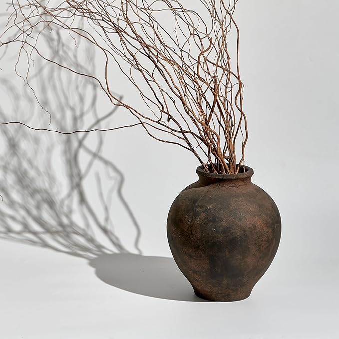 LB2 Brown Ceramic Large Vase, 11" Tall Zen Style vase, Terra Cotta Pitcher, Distressed Farmhouse Decor, Pottery Decorative Flower for Home Decor (C - Brown 11")