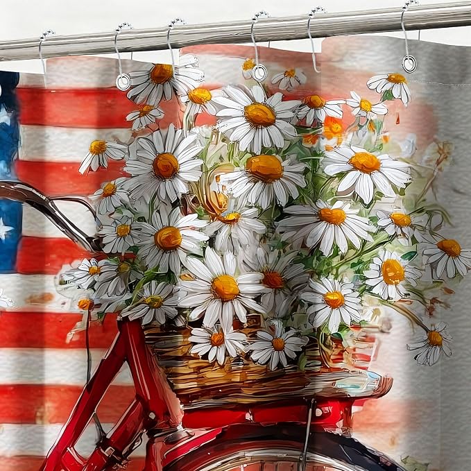 American Flag Shower Curtain Watercolor Bike Flowers Shower Curtains for Bathroom Waterproof Fabric Bath Curtain Decor with Hooks