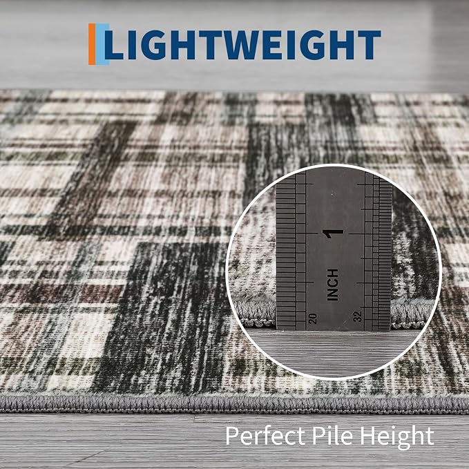 Washable Runner Rug 2x6 Runners Modern Bathroom Rugs Contemporary Plaid Low Pile Farmhouse Small Non Slip Kitchen Rug Stain Resistant Carpet for Entryway Living Room Bedroom, Green/Brown 2'x6'