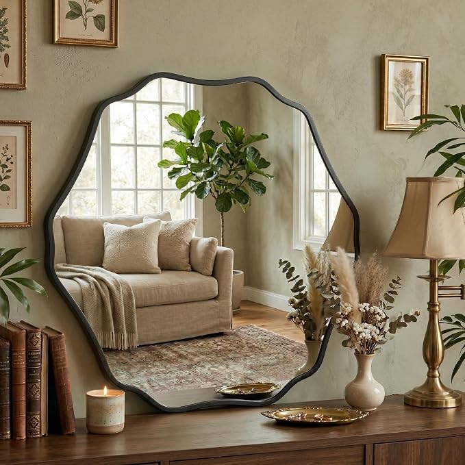 Irregular Hexagon Wall Mirror with Wavy Edge, Modern Decorative Mirror for Bathroom, Bedroom, Living Room, Frameless Vanity Mirror