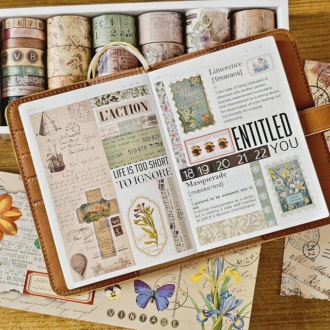 Bomichi 32 Rolls Vintage Washi Tape, Aesthetic Colored Decorative Cute Scrapbook Tape for Scrapbooking Supplies Journaling Craft Junk Journal