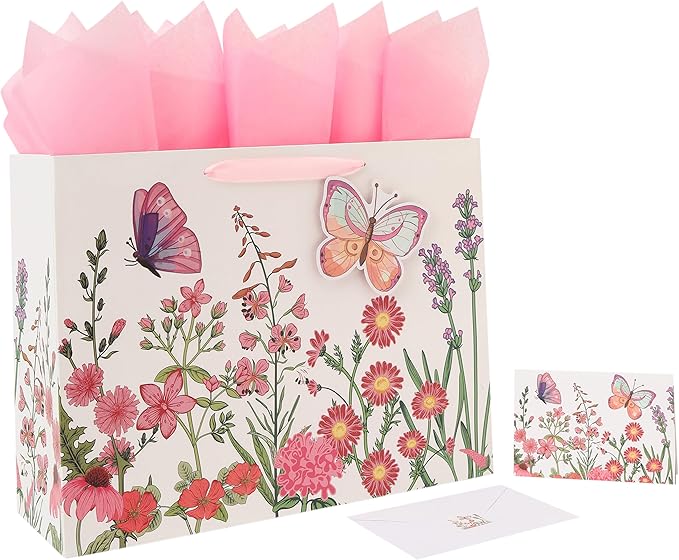 Qirrmiy 16.5” Extra Large 3D Butterfly Gift Bag Set with Handles, Greeting Card, Pink Tissue Papers and Stickers for Women Girls for Birthday, Mothers' Day, Wedding, Anniversary, Floral Design, 1 Pcs