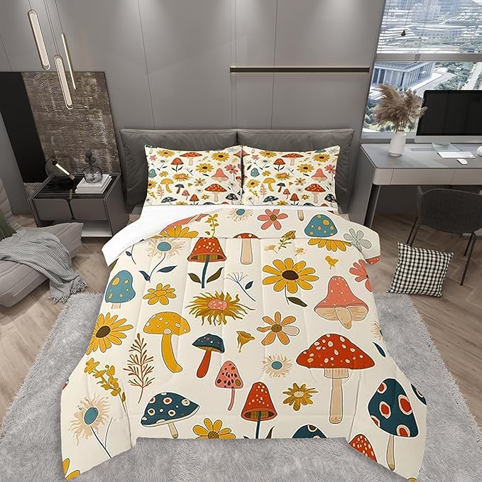 Castle Fairy Retro Mushroom Flowers Bedding Set King Size,70s 60s Groovy Comforter Set Room Decor for Couple,Vintage Boho Plant Floral Microfiber Down Comforter,2 Pillowcases