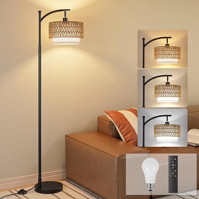 Ambimall Arc Floor Lamp for Living Room with Remote, Color Temperature & Brightness Adjustable, Boho Standing Lamp with Rattan & Fabric Double Drum Shades, Bulb Included(Black)