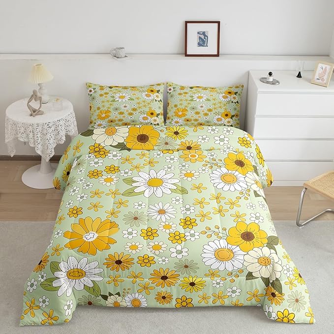 Vintage Floral Comforter Set Twin Size,Boho Spring Fresh Flowers Bedding Comforters Bedroom Decor,Trippy Hippie Groovy Botanical Microfiber Duvet Set for Kids Teens,2 Pcs