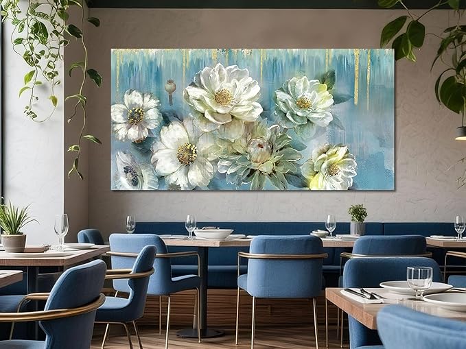 Ardemy Floral Canvas Wall Art for Living Room Large Magnolia White Flowers Teal Picture Bedroom Wall Decor Textured Painting Modern Turquoise Artwork Dining Room Home Office, Extra Large 58"x29"