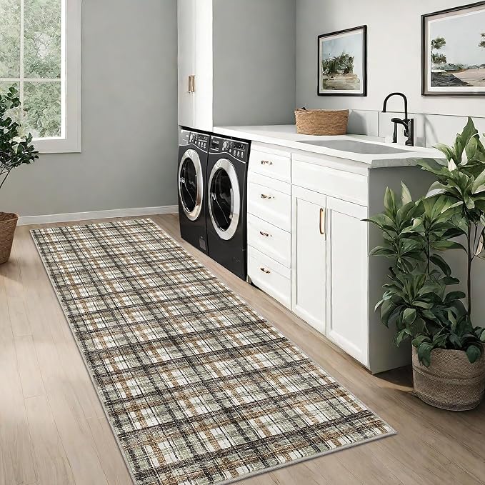 Washable Runners for Hallways 2x6 Rug Modern Bathroom Rugs Non Slip Kitchen Rugs Farmhouse Low Pile Entryway Rug Soft Stain Resistant Carpet for Laundry Hallway Bedside, 2'x6' Celadon&Coffee