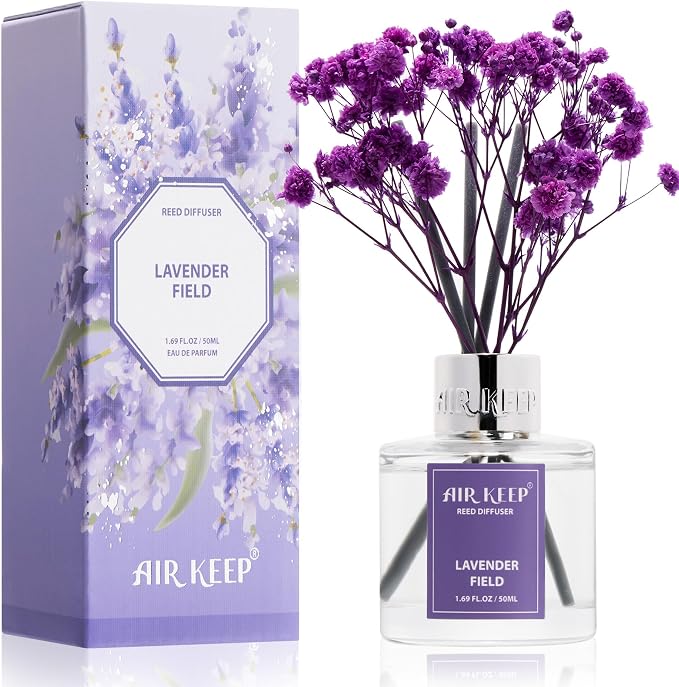 Airkeep Reed Diffuser Set,1.69 fl oz (50 ml) - Lavender Field Oil Diffusers with 8 Reed Sticks,Home Fragrance Reed Diffuser for Bathroom Shelf Decor