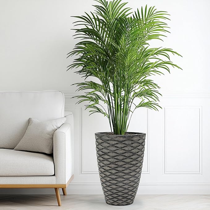 19" Resin Tall Outdoor Planters (Set of 2), Rustic Washed Black Finish Flower Pots with Wave Texture, Weather-Resistant for Porch, Garden, or Patio