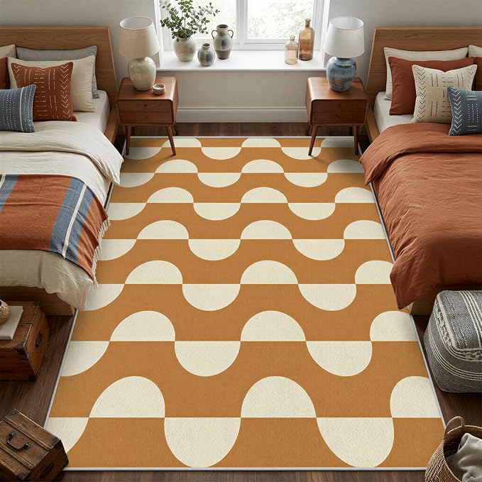 Caramel Dot Wave Area Rug 5 x 6 ft, Mid-Century Modern Geometric Rug, Brown Cream Abstract Washable Rug, Soft Low Pile Non-Slip Carpet for Living Room Bedroom Dining Room
